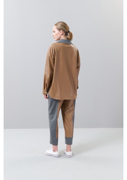 Yakası Örme Önü Fermuarlı Deri Ceket Gömlek Camel K2513518_035