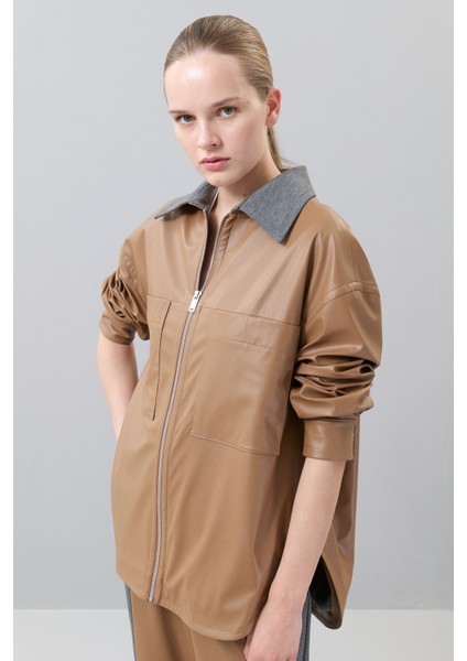 Yakası Örme Önü Fermuarlı Deri Ceket Gömlek Camel K2513518_035