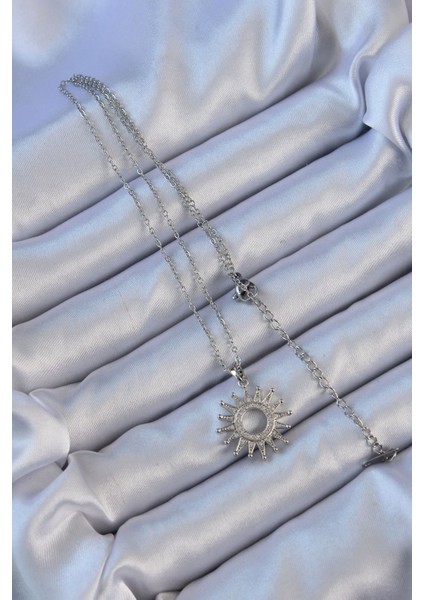 316L Çelik Zincir Gümüş Renk Zirkon Taşlı Parlayan Güneş Kolye - EBJ240912W27864 fiyatları