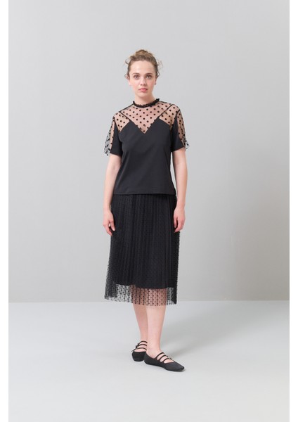 Flok Tül Detaylı T-Shirt Siyah K2523822_001 modelleri