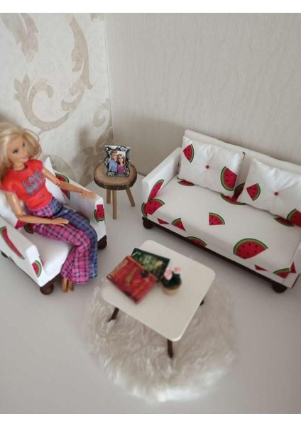 Minyatür Ahşap Oyuncak Bebek Barbie Uyumlu Tekli ve Ikili Koltuk Seti