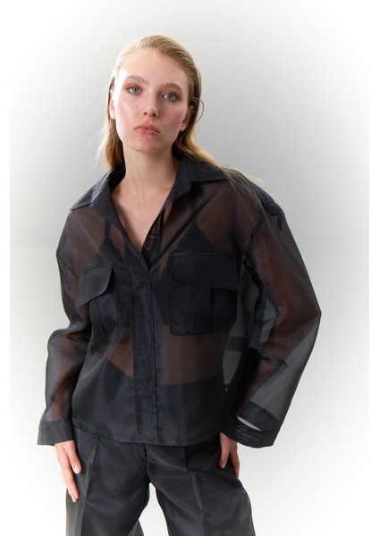 Çift Cepli Uzun Kollu Organze Gömlek Siyah K2513529_001