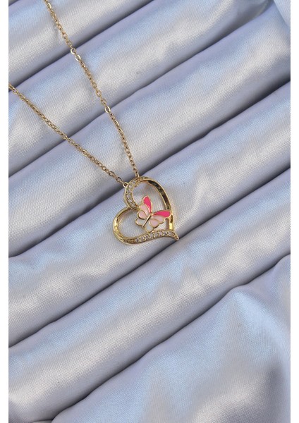 316L Çelik Zincir Altın Renk Mineli Kelebek Figür Zirkon Taşlı Kalp Kolye - EBJ240912W27865