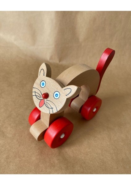 Ahşap Oyuncak Kırmızı Kedi, Doğal Ahşap Tekerlekli Oyuncak Kedi