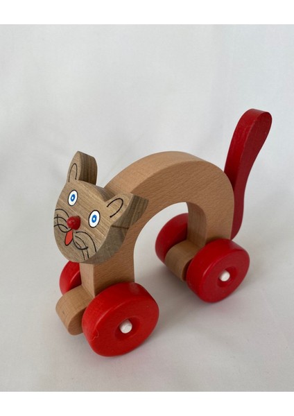 Ahşap Oyuncak Kırmızı Kedi, Doğal Ahşap Tekerlekli Oyuncak Kedi