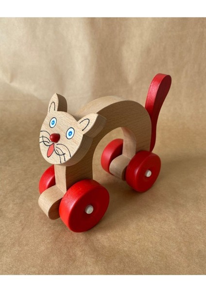 Ahşap Oyuncak Kırmızı Kedi, Doğal Ahşap Tekerlekli Oyuncak Kedi