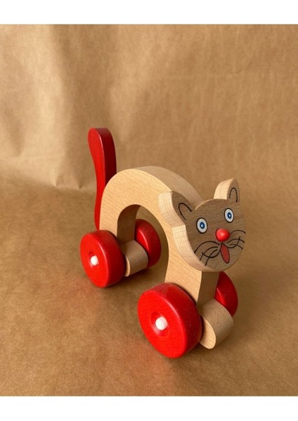 Ahşap Oyuncak Kırmızı Kedi, Doğal Ahşap Tekerlekli Oyuncak Kedi