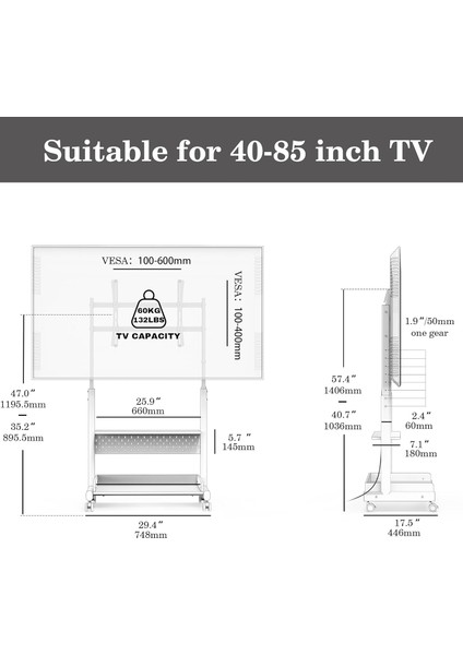 40-85 Inç Büyük Lcd/Led Tv'ler Için Tekerlekli Zemin Tv Standı