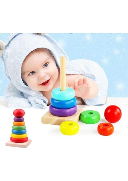 Renkli Ahşap Kule Oyunu Zeka Algı Eğitici Oyuncak Kule