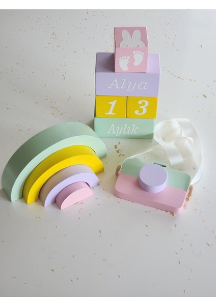 Isimli Anı Küpü Seti-Waldorf Gökkuşağı- Fotoğraf Makinesi Seti