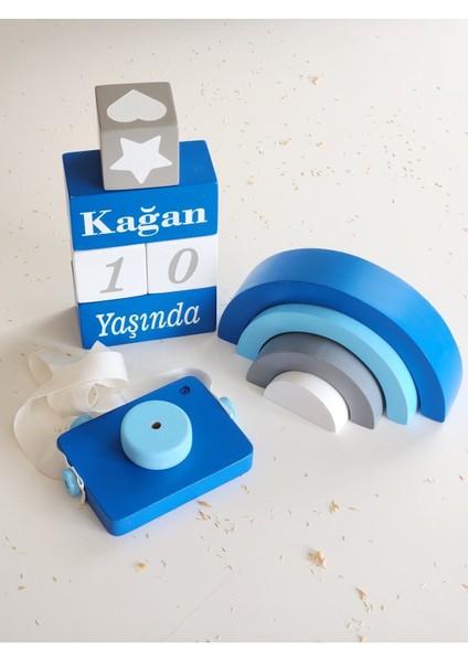 Isimli Anı Küpü Seti-Waldorf Gökkuşağı- Fotoğraf Makinesi Seti