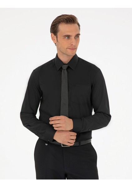 Erkek Siyah Regular Fit Uzun Kollu Basic Gömlek 50292536-VR046