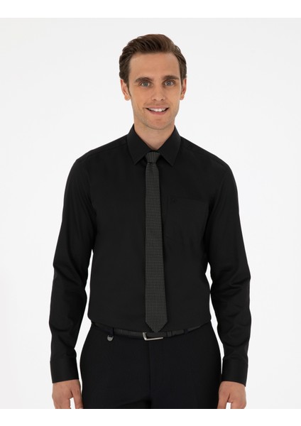 Erkek Siyah Regular Fit Uzun Kollu Basic Gömlek 50292536-VR046