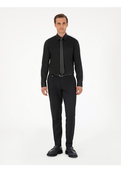 Erkek Siyah Regular Fit Uzun Kollu Basic Gömlek 50292536-VR046