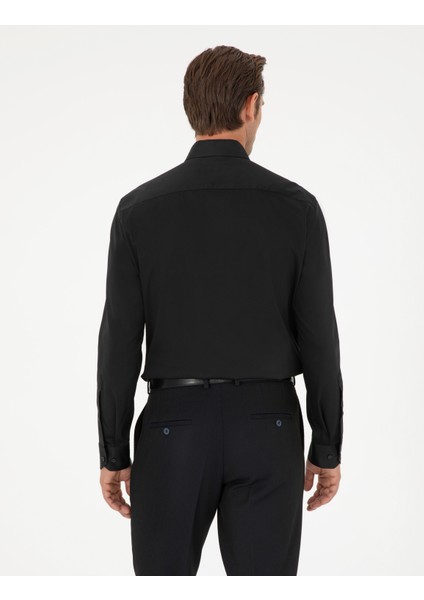 Erkek Siyah Regular Fit Uzun Kollu Basic Gömlek 50292536-VR046