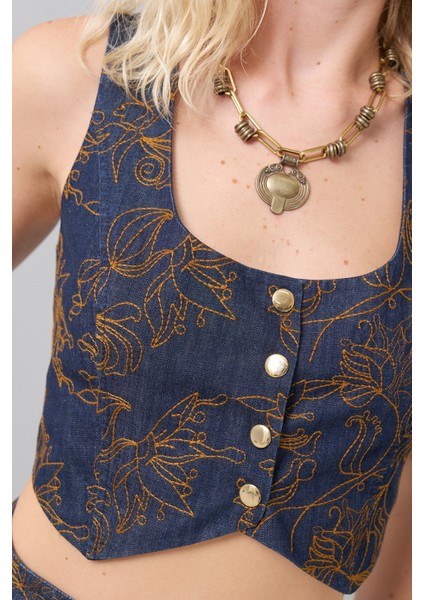 Gold Çıtçıtlı U Yaka Işlemeli Denim Yelek Lacivert K2517018_015 fırsatları