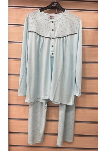 Pamuk Dört Mevsim Giyilebilir Uzun Kollu Büyük Beden Kadın Pijama Takım 14639