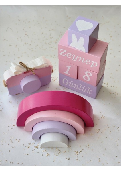 Isimli Anı Küpü Seti-Waldorf Gökkuşağı- Fotoğraf Makinesi Seti