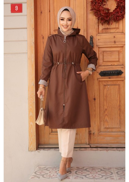 Fermuarlı Kahverengi Tesettür Trençkot 69721KH