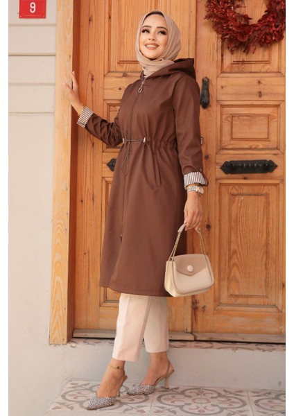 Fermuarlı Kahverengi Tesettür Trençkot 69721KH fiyatları