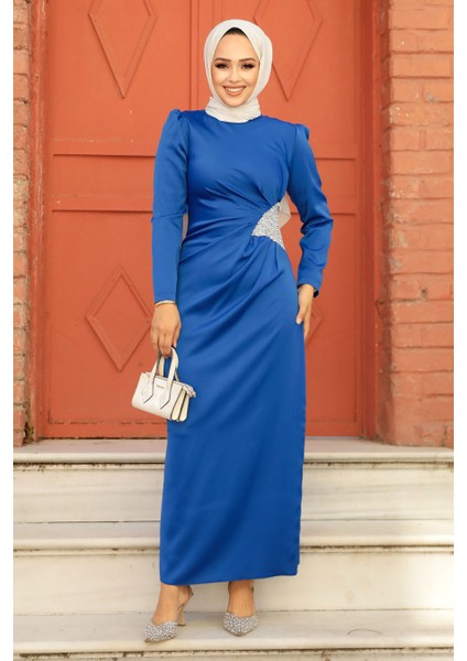 Drape Detaylı Sax Mavisi Tesettür Saten Abiye Elbise 5940SX