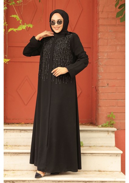 Boncuk Işlemeli Siyah Tesettür Abaya 29106S