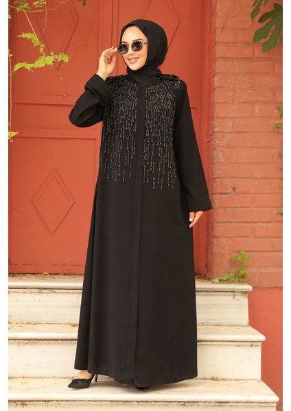 Boncuk Işlemeli Siyah Tesettür Abaya 29106S fiyatları