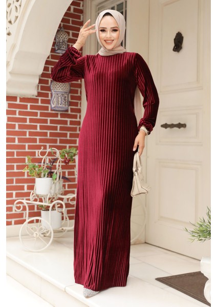 Pileli Bordo Kadife Tesettür Elbise 22751BR fiyatları
