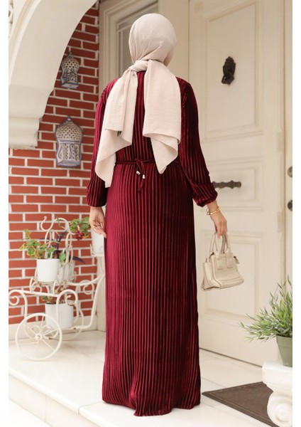 Pileli Bordo Kadife Tesettür Elbise 22751BR modelleri