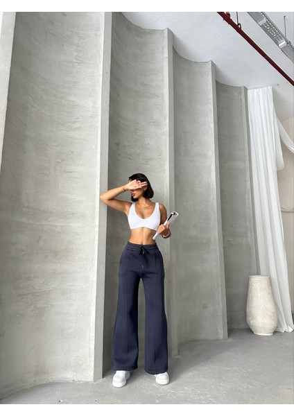 EŞF-09087 Füme Çimalı Bel Lastikli Üç Iplik Şardonlu Palazzo Eşofman modelleri