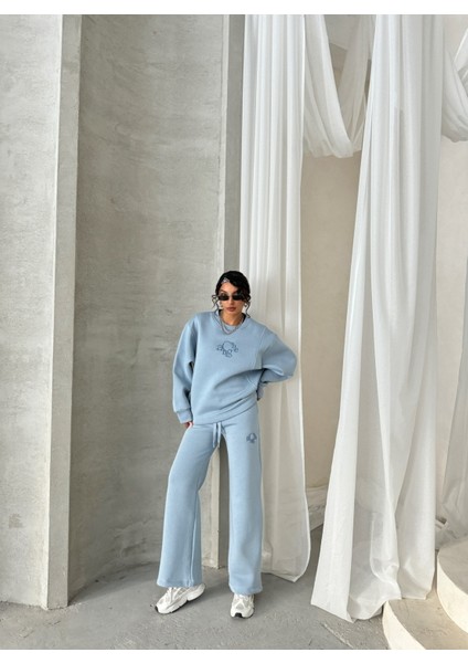 TKM-03627 Bebe Mavi Change Yazı Nakışlı Üç Iplik Şardonlu Salaş Sweatshirt Palazzo Eşofman Ikili Takım indirimleri