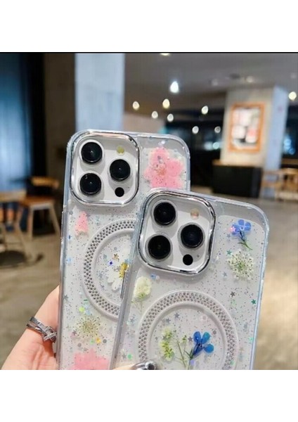 iPhone 13 Kılıf Flower Gerçek Çiçekli Magsafe Kablosuz Şarjlı Kapak