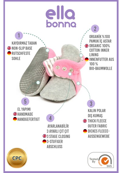 Polar Bebek Pandufu, Kaydırmaz Taban, Organik Pamuk Astarlı, İlk Adım Ev Patiği, Gri Pembe modelleri