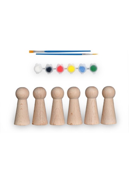 Montessori Toys Ahşap El Yapımı Peg Bebek 6'lı Boyama Seti Fırça Boya Dahil -Peg4-9,5cm