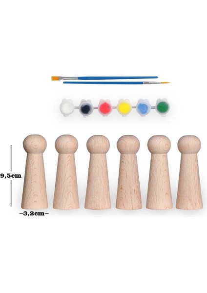 Montessori Toys Ahşap El Yapımı Peg Bebek 6'lı Boyama Seti Fırça Boya Dahil -Peg4-9,5cm