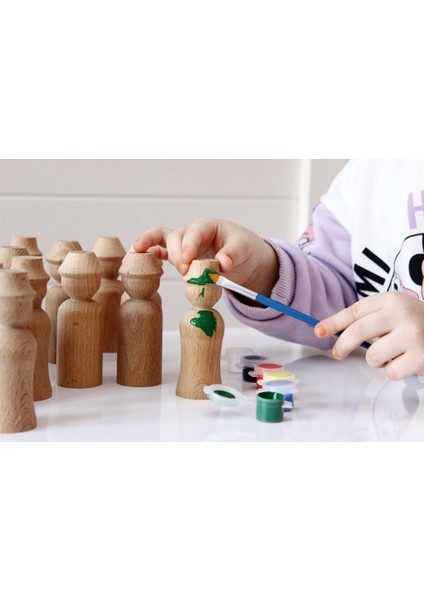 Montessori Toys Ahşap El Yapımı Peg Bebek 6'lı Boyama Seti Fırça Boya Dahil -Peg4-9,5cm