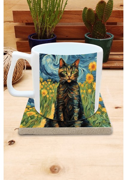 Kediler ve Sanat/van Gogh Set 10 - Yelken Fincan Kupa-Taş Bardak Altlığı 3