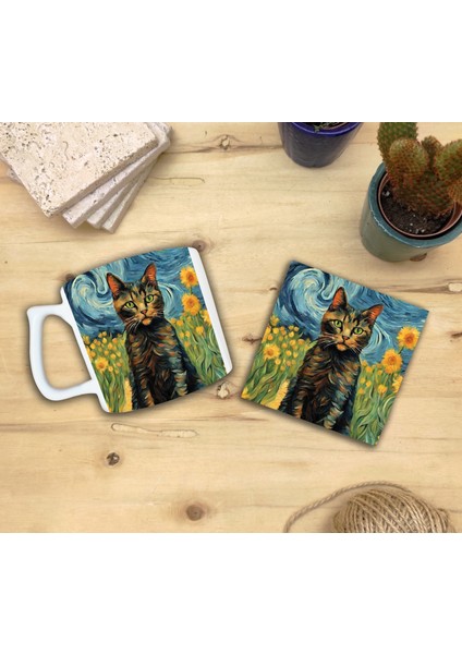 Kediler ve Sanat/van Gogh Set 10 - Yelken Fincan Kupa-Taş Bardak Altlığı 3