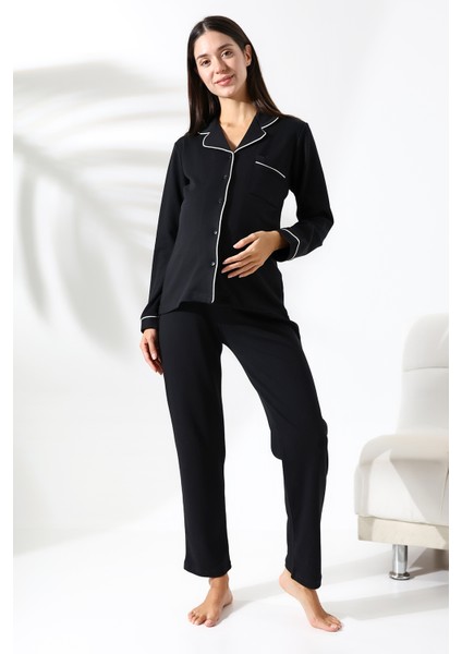 Interlok Düğmeli Hamile Lohusa Uzun Kol Pijama Takımı 1354-01 modelleri