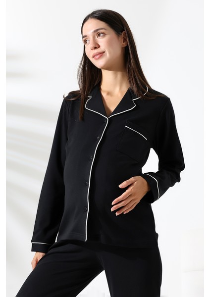 Interlok Düğmeli Hamile Lohusa Uzun Kol Pijama Takımı 1354-01