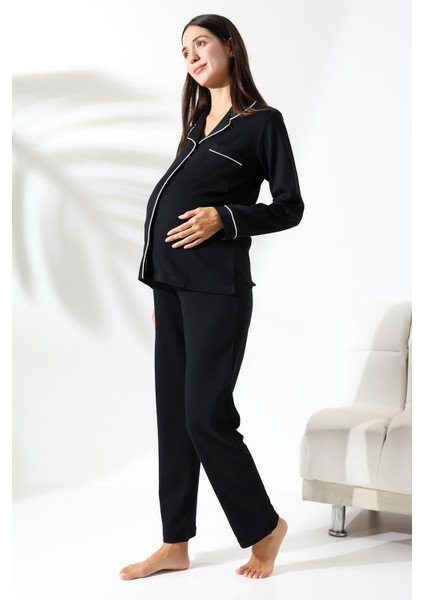 Interlok Düğmeli Hamile Lohusa Uzun Kol Pijama Takımı 1354-01 fırsatları