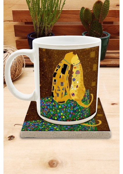 Kediler ve Sanat/gustav Klimt The Kiss Set 8 - Standart Kupataş Bardak Altlığı 2