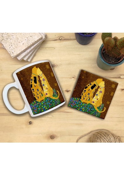 Kediler ve Sanat/gustav Klimt The Kiss Set 8 - Standart Kupataş Bardak Altlığı 2 fiyatları