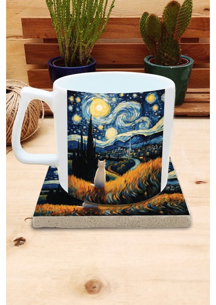 Kediler ve Sanat/van Gogh Yıldızlı Gece The Starry Night Set 10 - Yelken Fincan Kupa-Taş Bardak Altlığı 2