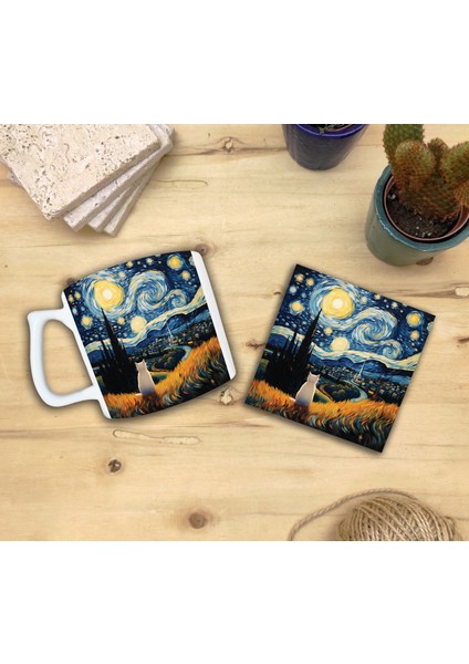 Kediler ve Sanat/van Gogh Yıldızlı Gece The Starry Night Set 10 - Yelken Fincan Kupa-Taş Bardak Altlığı 2 fiyatları