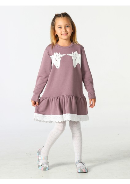 Unicorns Dantelli Lila Kız Elbise