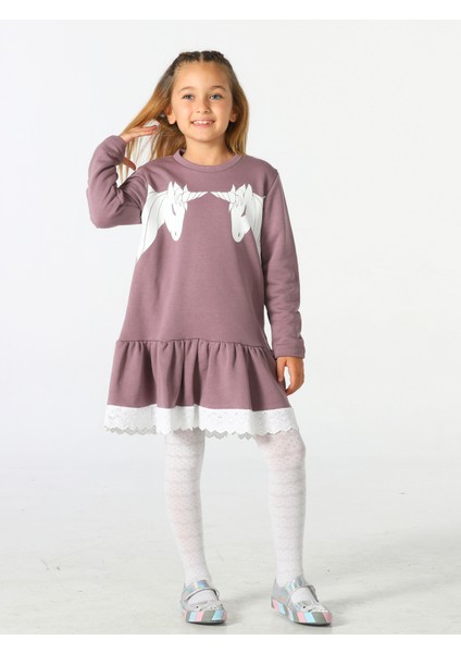 Unicorns Dantelli Lila Kız Elbise