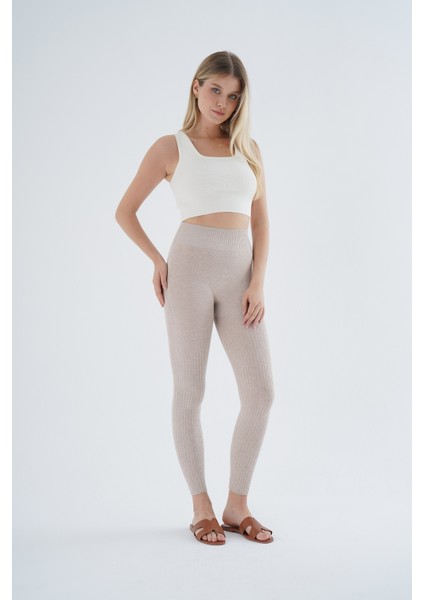 Kadın Bej Saç Örgülü Fitilli Örme Pamuk Viscon Yün Içerikli Özel Iplik Dikişsiz Triko Tayt TRIST-K-1975