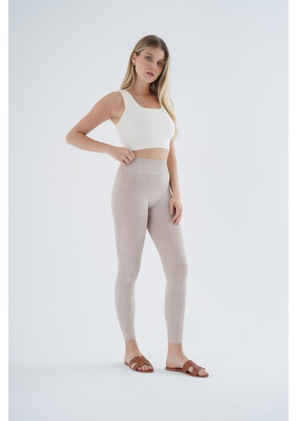 Kadın Bej Saç Örgülü Fitilli Örme Pamuk Viscon Yün Içerikli Özel Iplik Dikişsiz Triko Tayt TRIST-K-1975 fiyatları