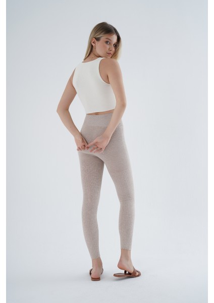 Kadın Bej Saç Örgülü Fitilli Örme Pamuk Viscon Yün Içerikli Özel Iplik Dikişsiz Triko Tayt TRIST-K-1975 modelleri